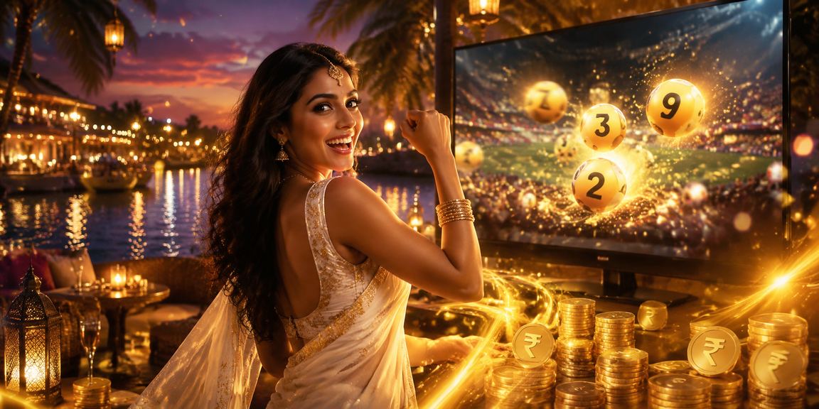 Woman playing lottery on mobile device at Goa seaside