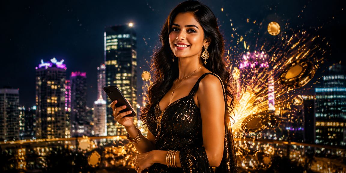 Young woman playing Teen Patti cards on smartphone at home